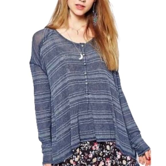 Free People We The Free Slinky Hacci Henley Blue Striped Button Top Knit Sweater - Picture 1 of 10